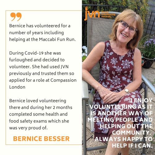 For many years, Bernice had volunteered for Maccabi Community Fun Runs, which she had found through JVN's service of matching volunteers to opportunities. Furloughed during the pandemic, Bernice decided to resume volunteering and, since she already knew J